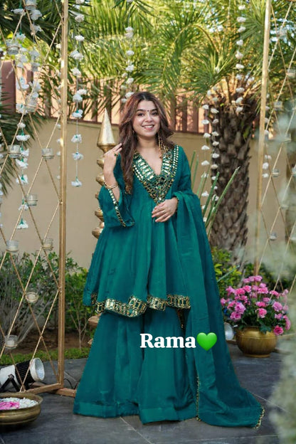 Rama green Chinon silk peplum top with mirror embroidery and gharara suit set - WishTown Fashion Club