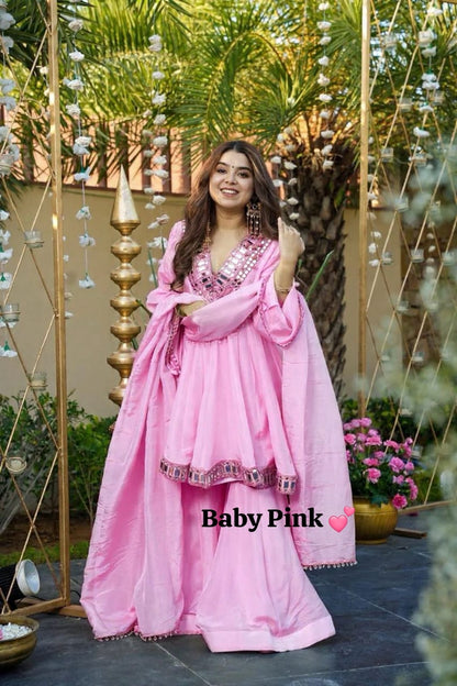 Baby pink Chinon silk peplum dress with mirror work yoke and gharara set - WishTown Fashion Club