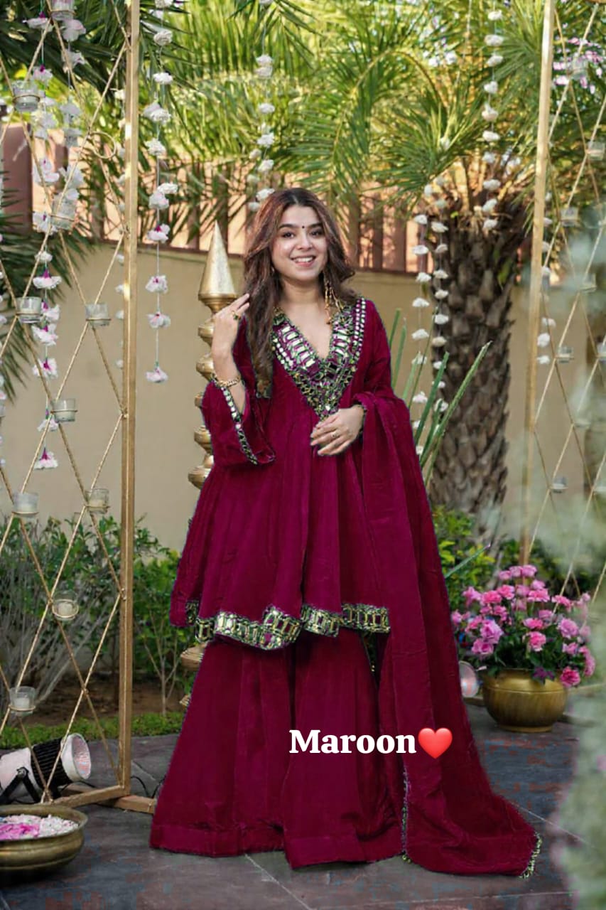 Maroon Chinon silk peplum dress with mirror embroidery and gharara pants - WishTown Fashion Club