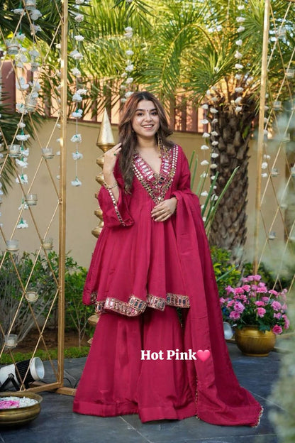 Hot pink Chinon silk peplum dress with mirror work yoke and gharara set - WishTown Fashion Club