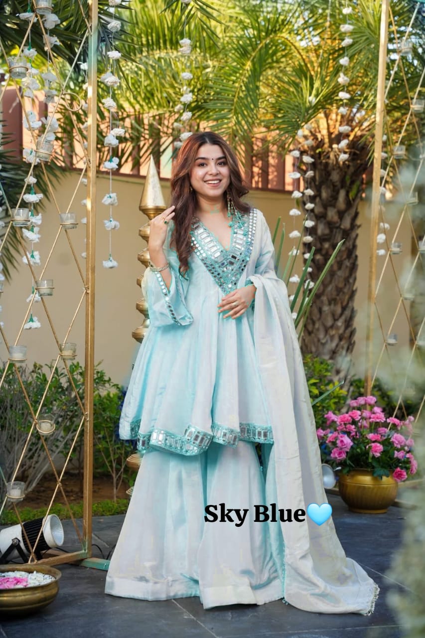 Hot pink festive peplum top with embroidered mirror work and Chinon silk gharara - WishTown Fashion Club