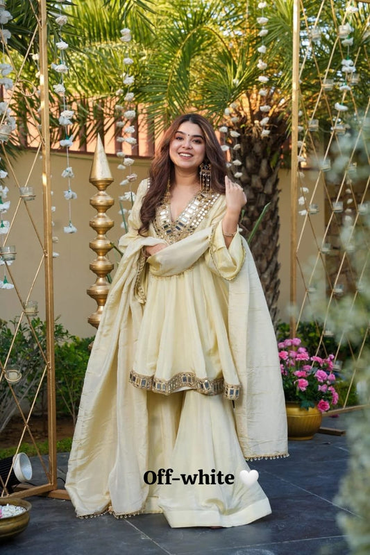 Off white Chinon silk peplum dress with mirror work embroidery and gharara - WishTown Fashion Club
