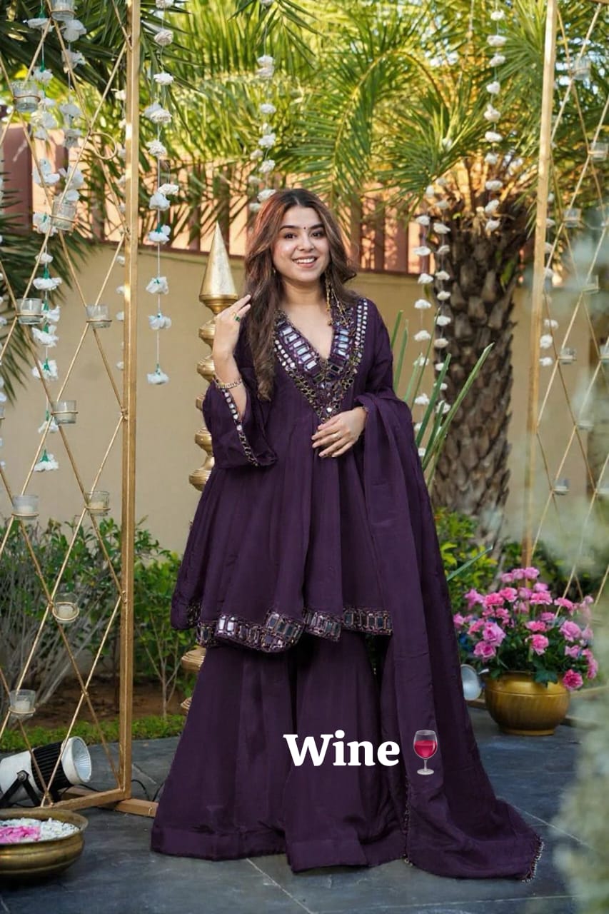 Wine Chinon silk peplum dress with mirror embroidery and flared gharara - WishTown Fashion Club