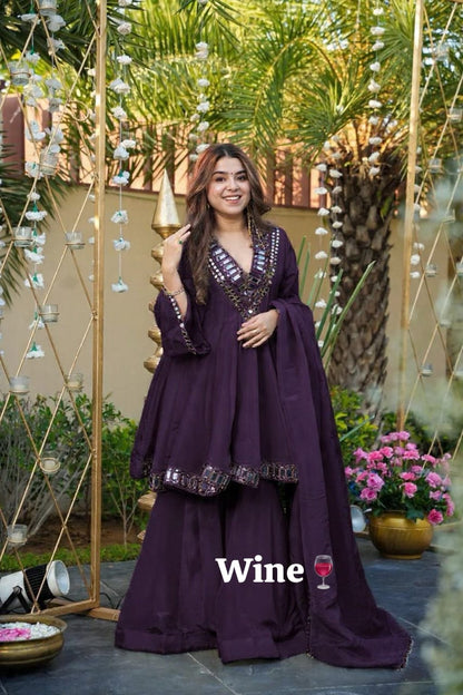 Wine Chinon silk peplum dress with mirror embroidery and flared gharara - WishTown Fashion Club