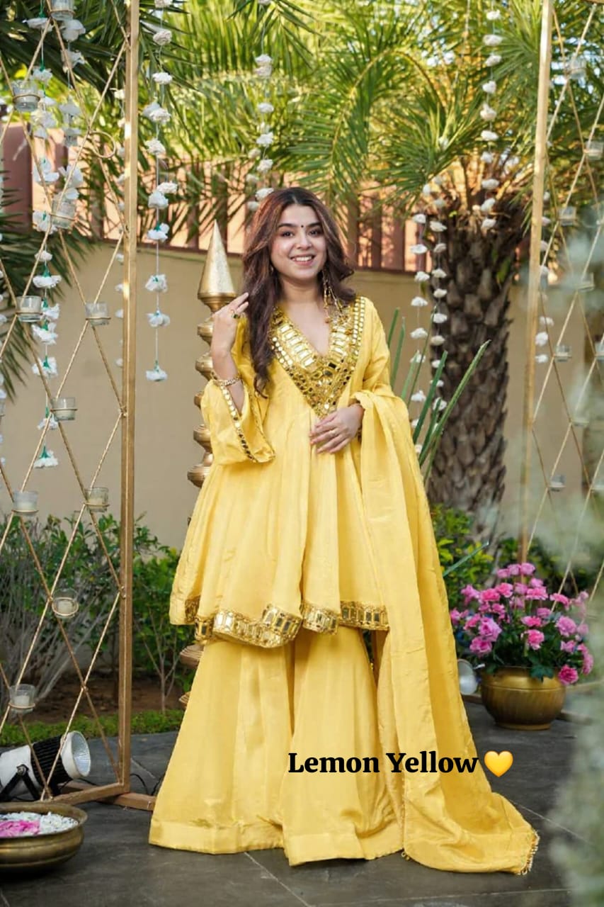 Lemon yellow Chinon silk peplum dress with mirror embroidery and gharara set - WishTown Fashion Club