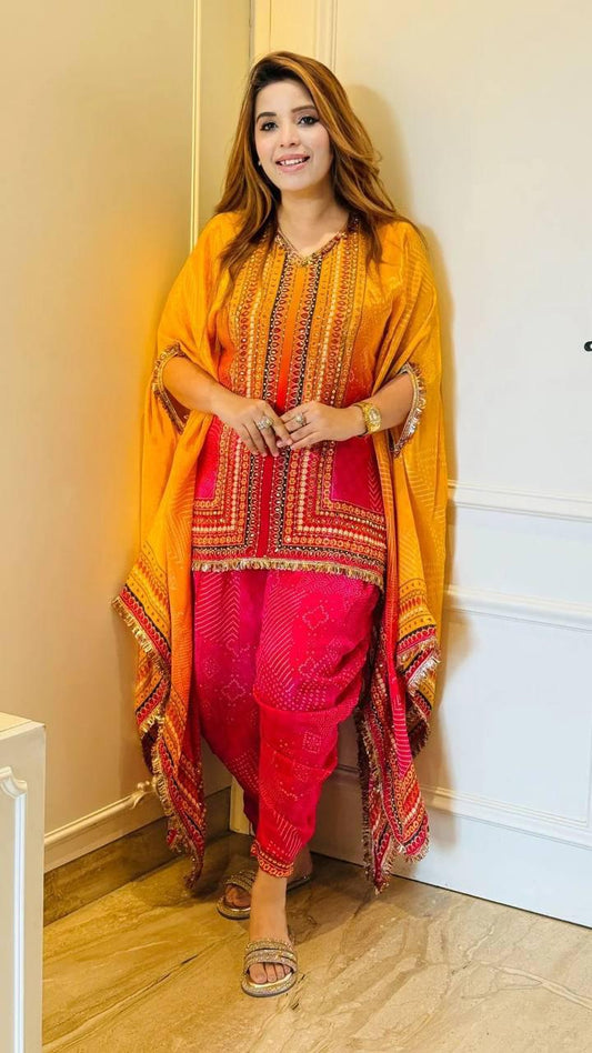 yellow Chinon silk designer kaftan with mirror stone and sequence work with dhoti set - WishTown Fashion Club