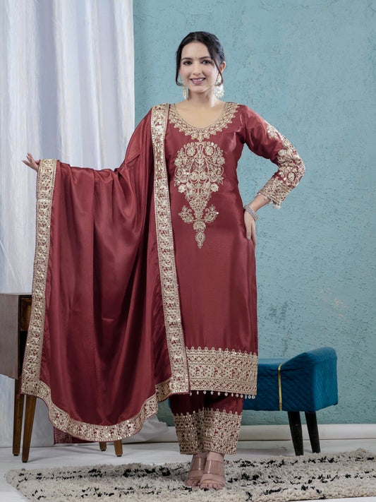 maroon chinnon silk suit set with heavy embroidery and sequence work festive wear - WishTown Fashion Club