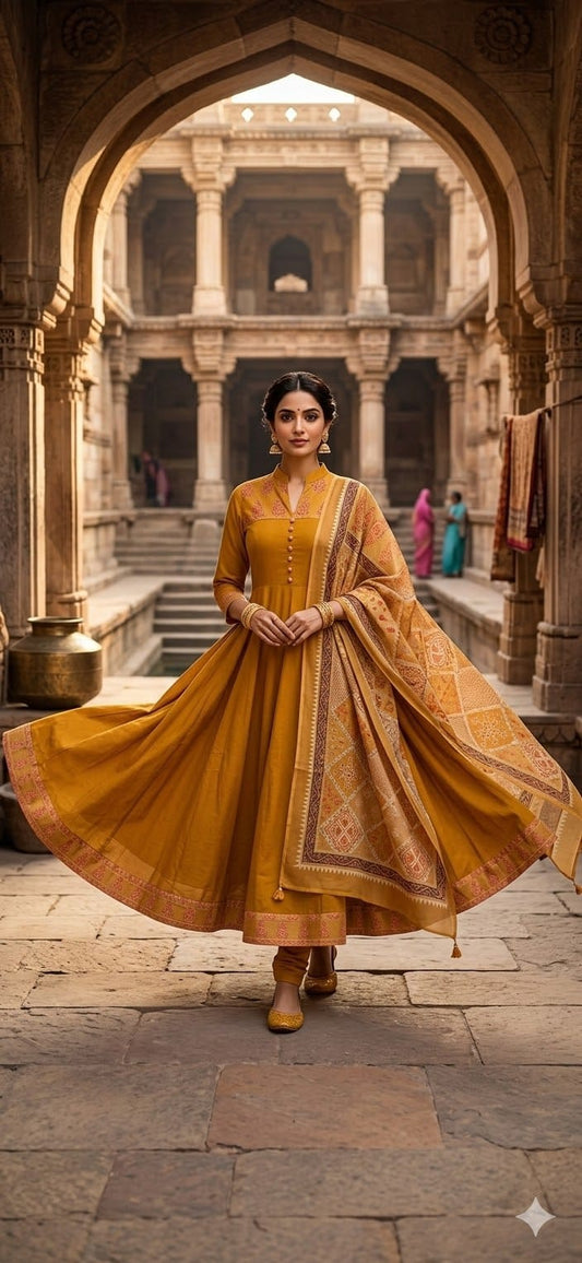 mustard anarkali suit with 12 kali flare and soft chanderi dupatta stylish wear - WishTown Fashion Club