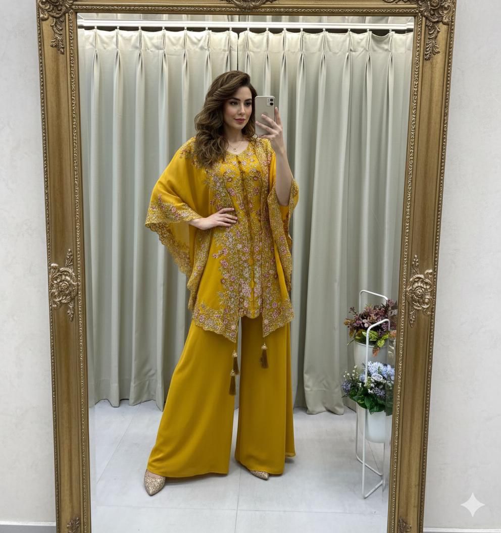 yellow kurta plazzo set with sequence embroidery and shrug georgette festive wear - WishTown Fashion Club