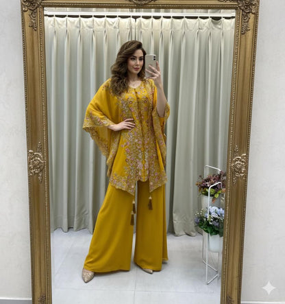 yellow kurta plazzo set with sequence embroidery and shrug georgette festive wear - WishTown Fashion Club