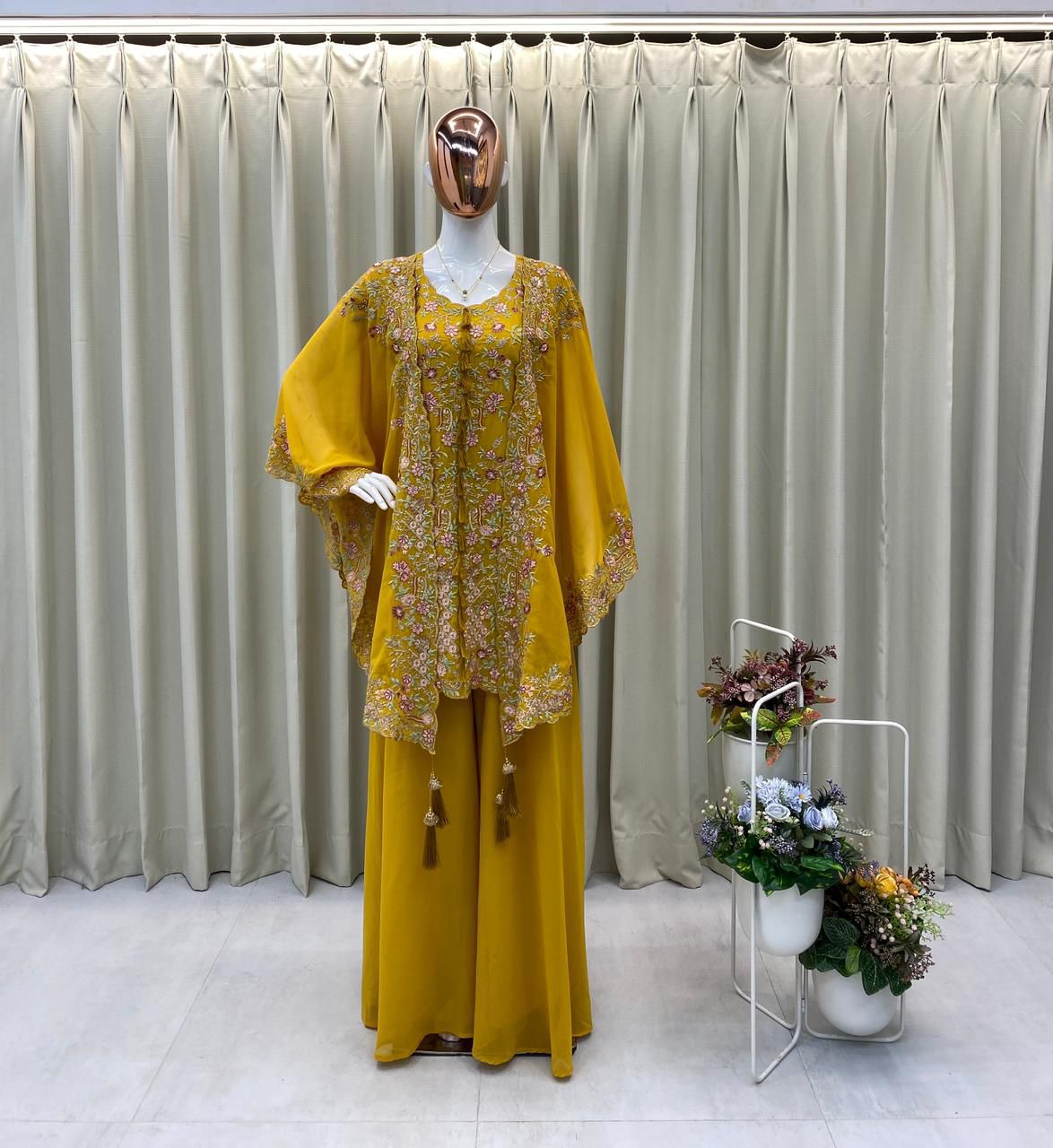 designer yellow ethnic set with embroidered shrug and flowy plazzo party wear - WishTown Fashion Club