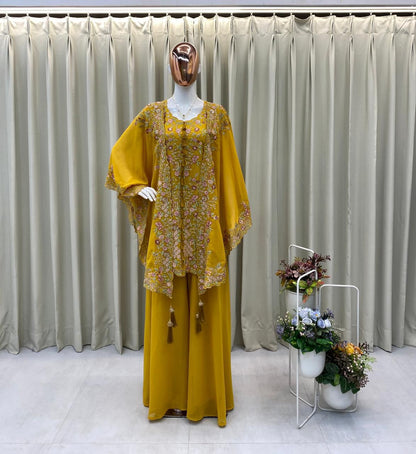 designer yellow ethnic set with embroidered shrug and flowy plazzo party wear - WishTown Fashion Club