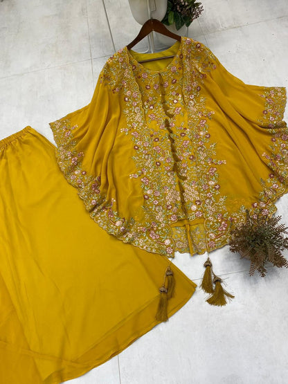 yellow georgette kurta set with sequence work and stylish shrug modern outfit - WishTown Fashion Club