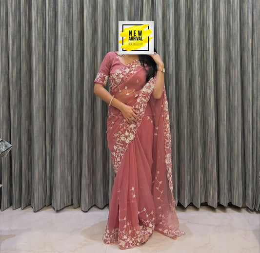 onion pink chiffon silk saree with white thread embroidery and cutwork border elegant wear - WishTown Fashion Club