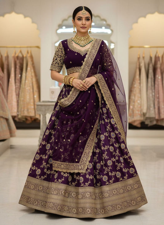 wine lehenga choli with miragi silk jacquard fabric and embroidered georgette blouse wedding wear - WishTown Fashion Club