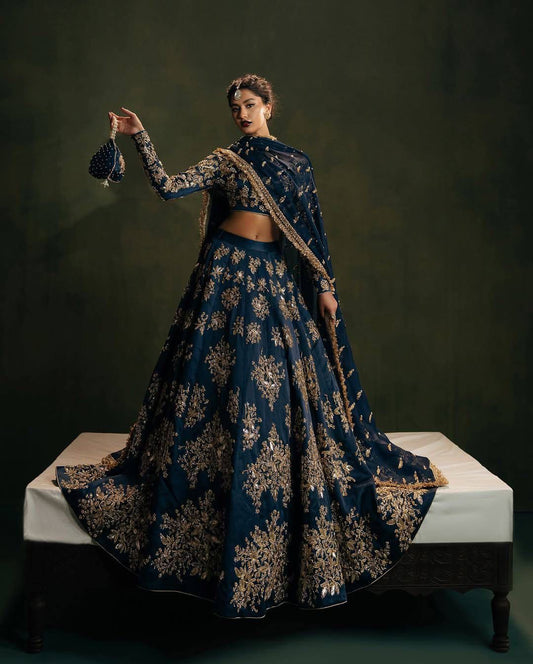 navy blue lehenga choli with sequins and zari embroidery heavy chinon silk wedding wear - WishTown Fashion Club