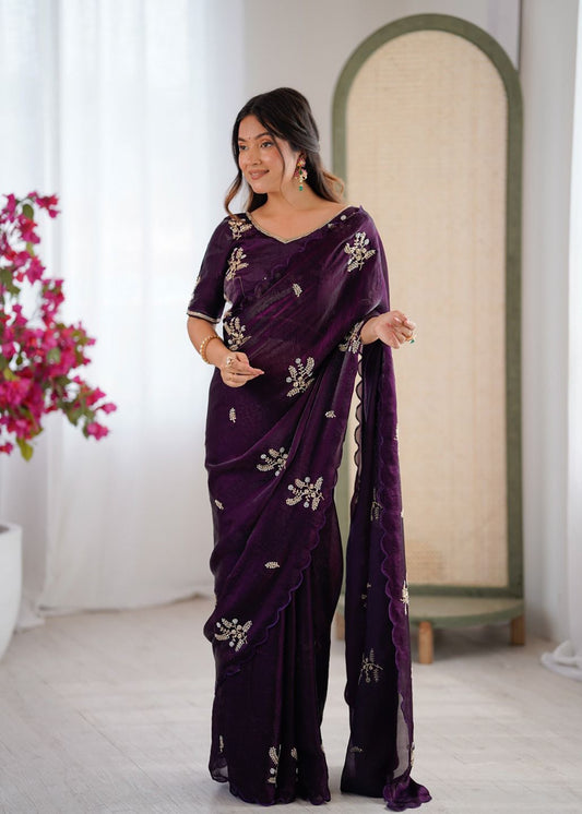 wine heavy fendy satin saree with embroidered beads work elegant festive wear - WishTown Fashion Club