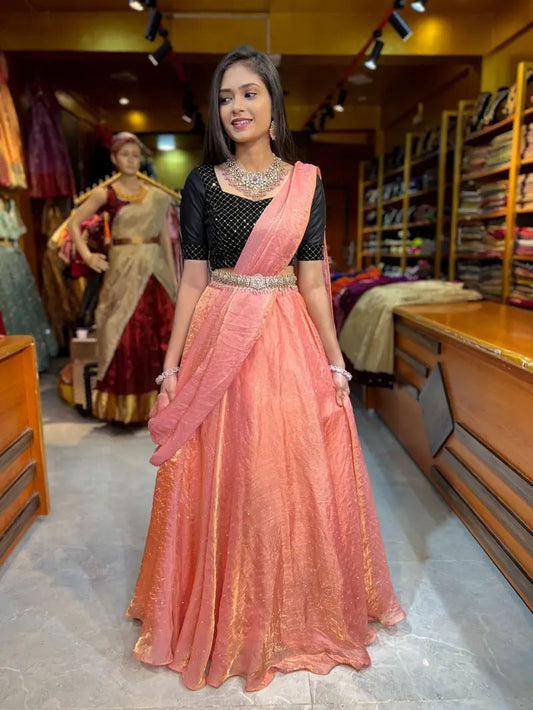 peach and black lehenga set with space silk fabric and embroidered blouse festive wear - WishTown Fashion Club