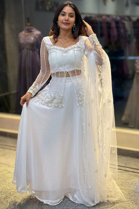 white silk satin lehenga with delicate beadwork and net dupatta elegant outfit - WishTown Fashion Club
