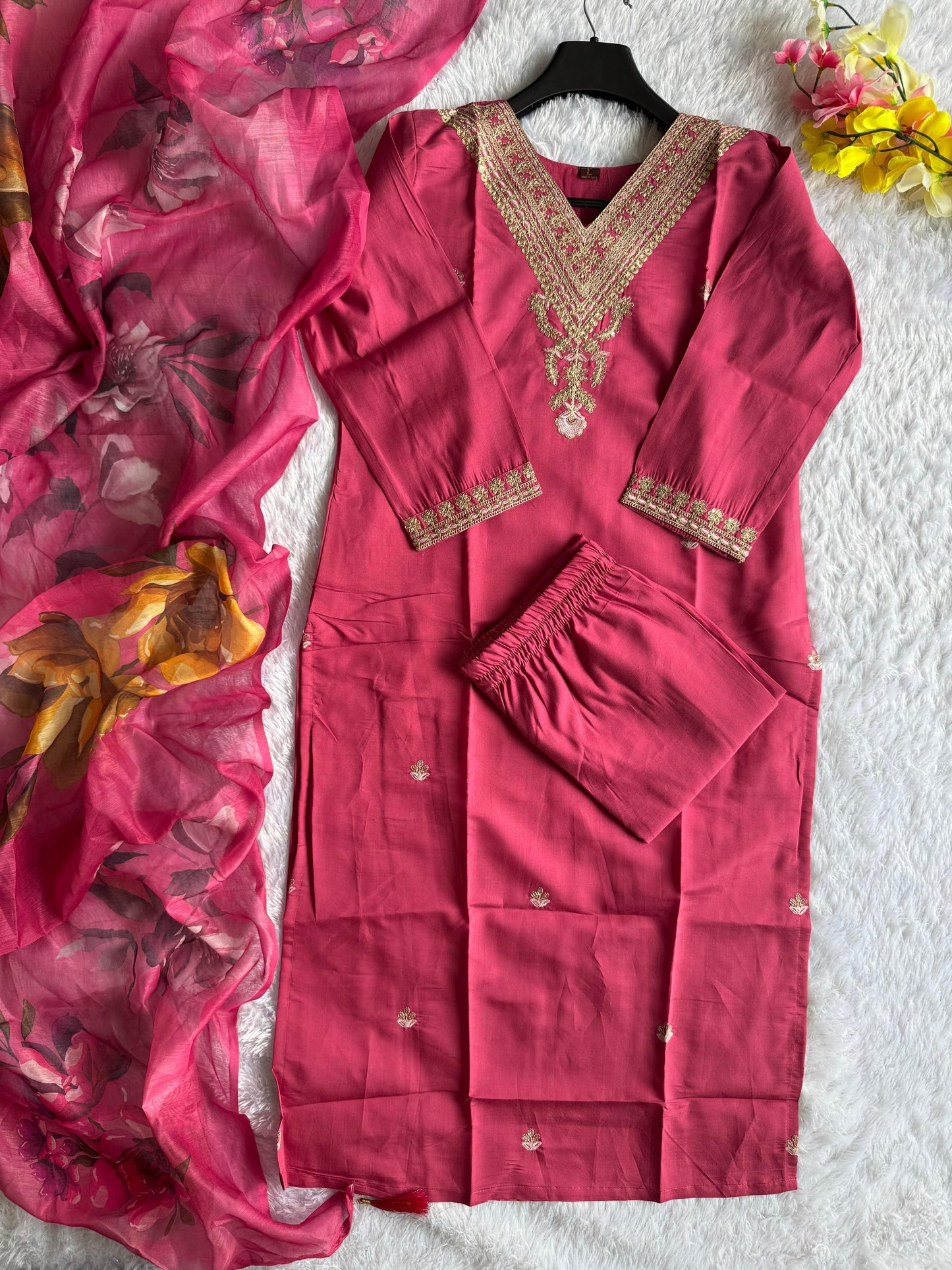 hot pink kurta set with digital print dupatta and comfortable party wear design - WishTown Fashion Club