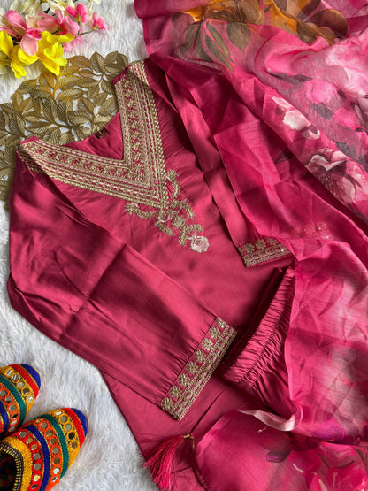 pink designer kurta set with chanderi dupatta and tassels elegant outfit - WishTown Fashion Club