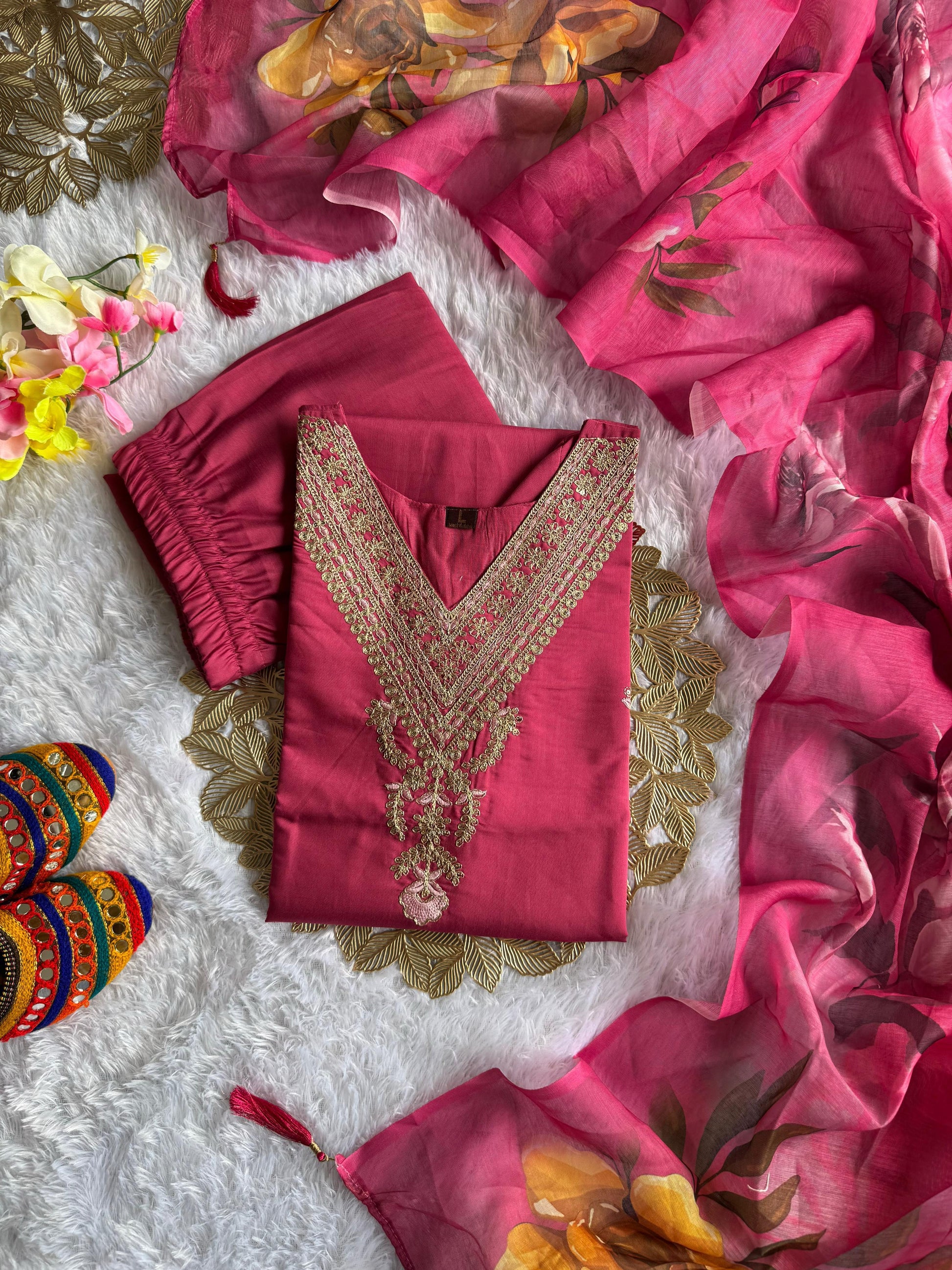 hot pink ethnic kurti set with embroidery work and stylish festive look - WishTown Fashion Club