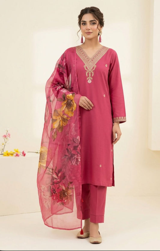 hot pink kurti pant dupatta set with roman silk and sequence embroidery festive wear - WishTown Fashion Club