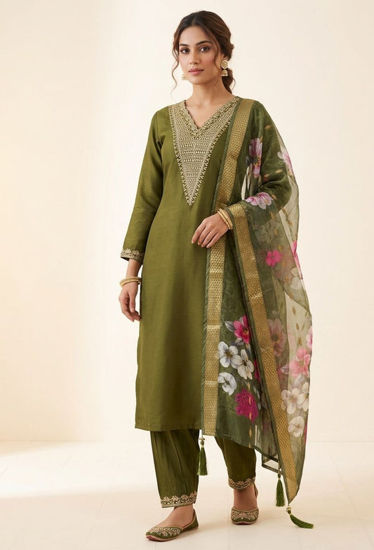 olive green kurti pant dupatta set with roman silk and sequence embroidery festive wear - WishTown Fashion Club