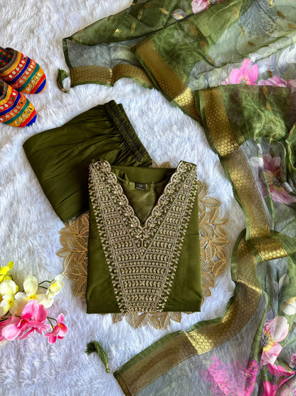 olive green ethnic kurti set with embroidery work and stylish festive look - WishTown Fashion Club