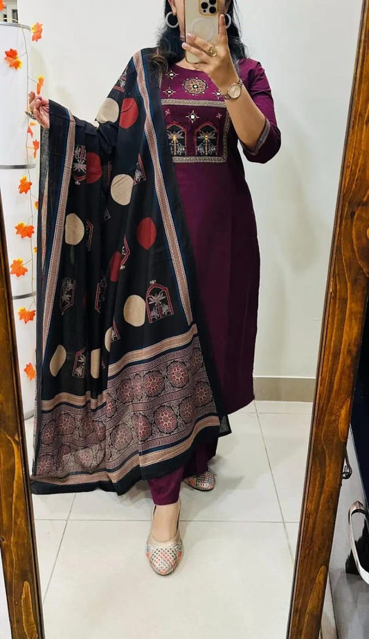 purple wine kurta set with mirror work embroidery and black dupatta ethnic wear - WishTown Fashion Club