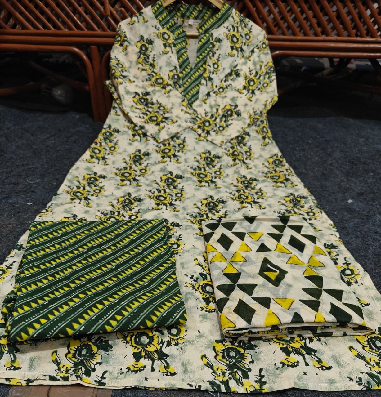 green ethnic suit with straight kurta printed design and comfortable pants look - WishTown Fashion Club