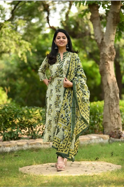 green suit set with floral and geometric prints straight kurta and striped pants - WishTown Fashion Club