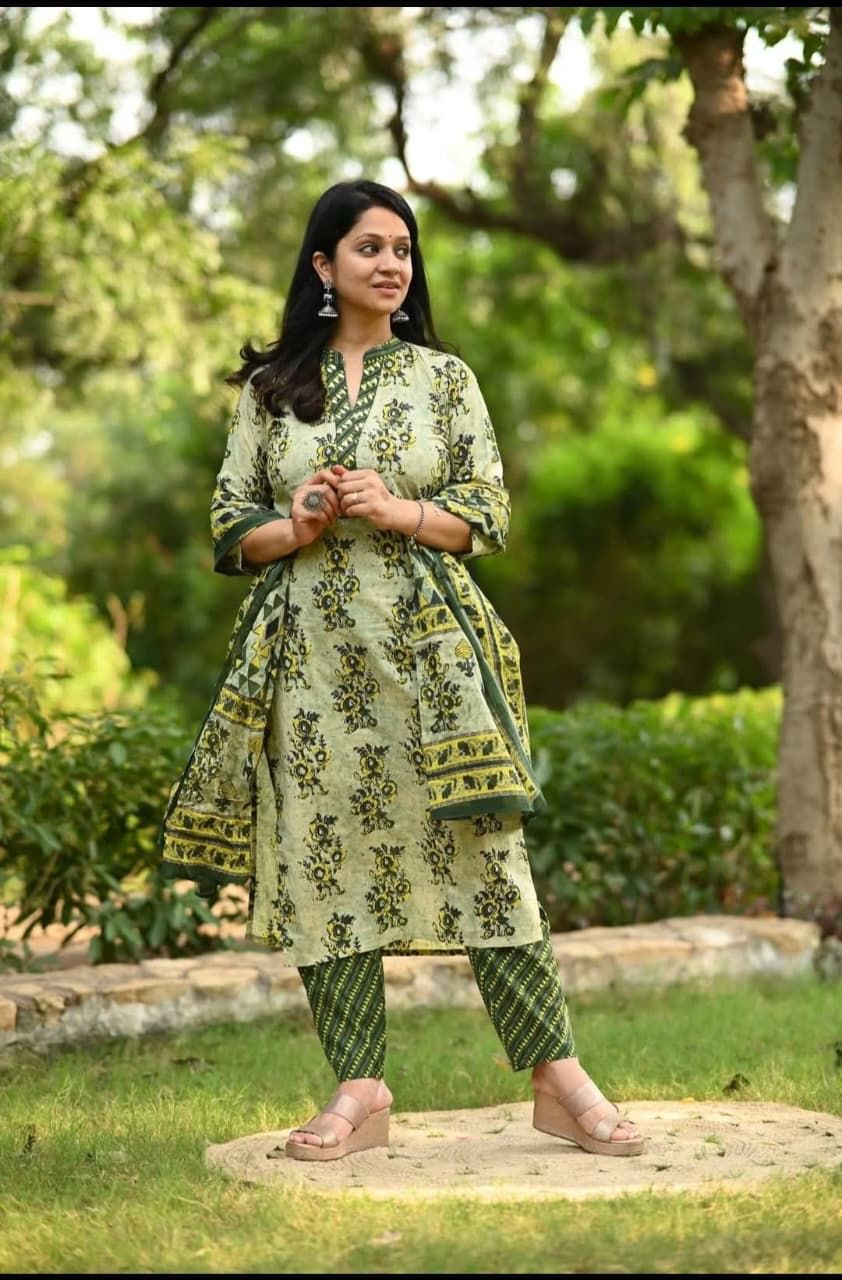 light and dark green kurta set with printed dupatta stylish everyday ethnic wear - WishTown Fashion Club