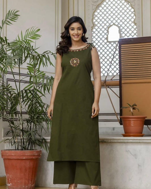 khaki cotton slub kurta set with minimal traditional design everyday wear - WishTown Fashion Club