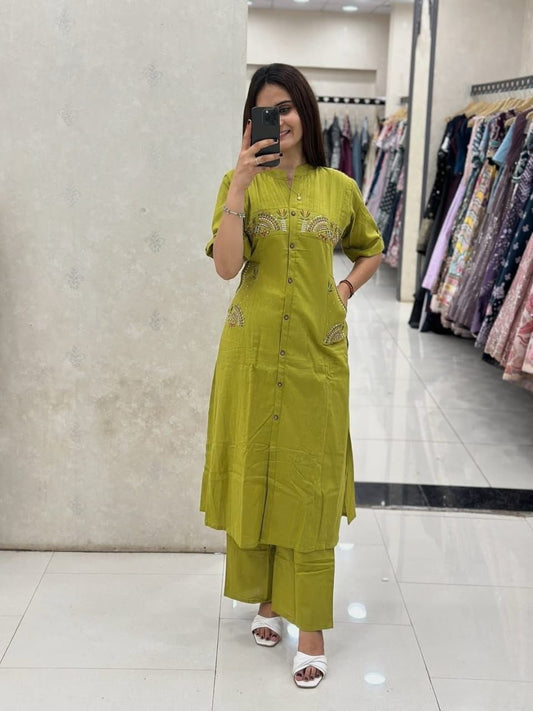 light green cotton slub cord set with sleeveless kurta and mirror work summer wear - WishTown Fashion Club