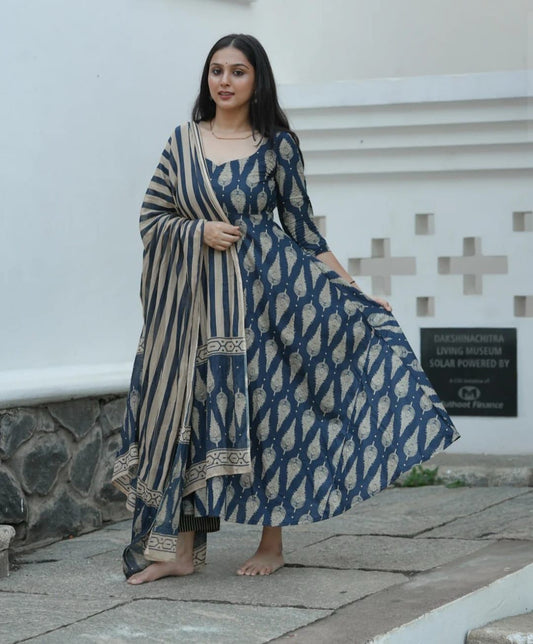 blue cotton anarkali suit with 4 meter flare and printed malmal dupatta elegant wear - WishTown Fashion Club