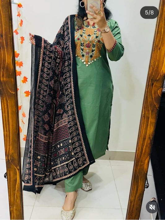 green aline kurti plazzo set with dupatta and heavy embroidery handwork ethnic wear - WishTown Fashion Club