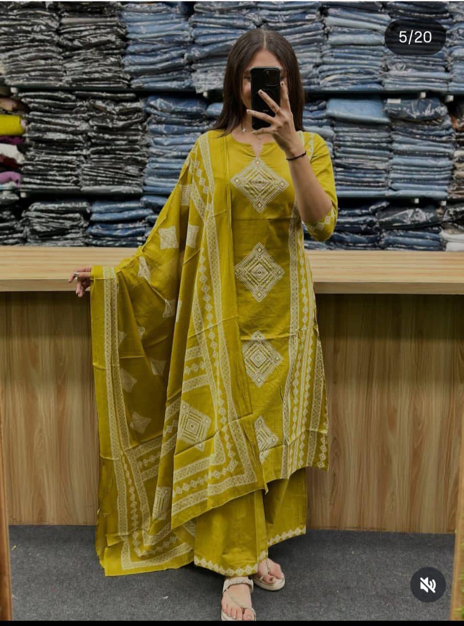 lime green aline kurti plazzo set with dupatta and heavy handwork ethnic wear - WishTown Fashion Club