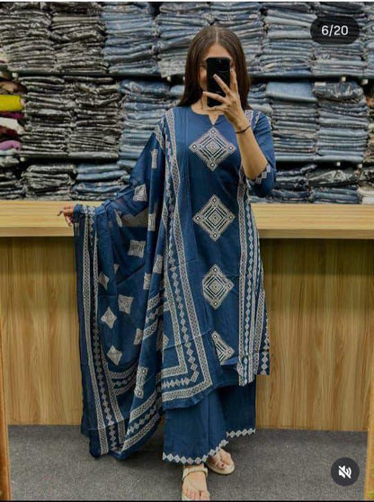 blue aline kurti plazzo set with dupatta and heavy handwork elegant outfit - WishTown Fashion Club