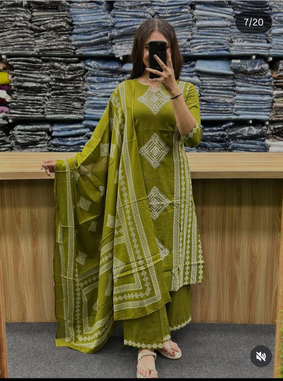 olive green aline kurti plazzo set with dupatta and handwork elegant wear - WishTown Fashion Club