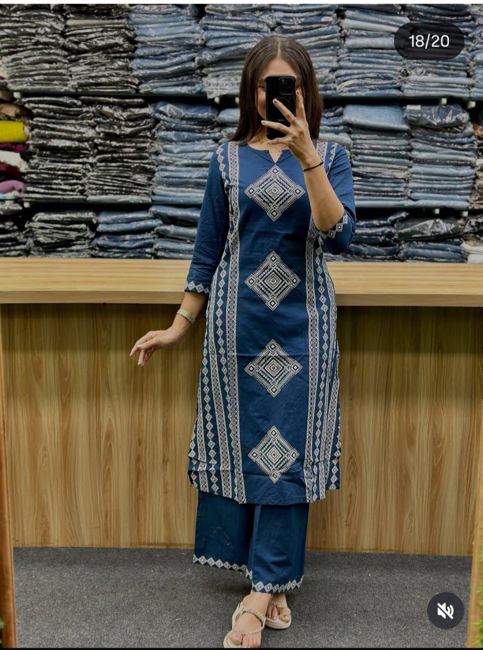 designer blue kurti plazzo set with dupatta comfortable ethnic look - WishTown Fashion Club