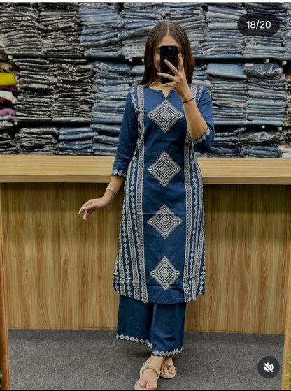 designer blue kurti plazzo set with dupatta comfortable ethnic look - WishTown Fashion Club