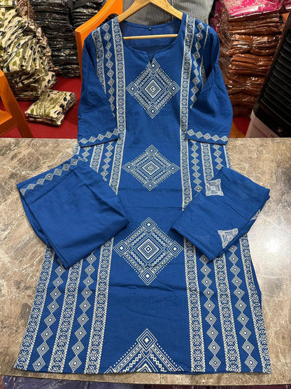 blue cotton kurti set with detailed yoke work and stylish plazzo festive wear - WishTown Fashion Club