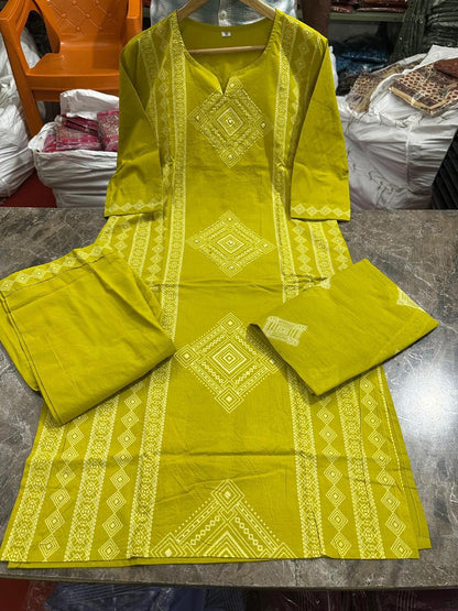 lime green cotton kurti set with detailed yoke work and flowy design festive outfit - WishTown Fashion Club
