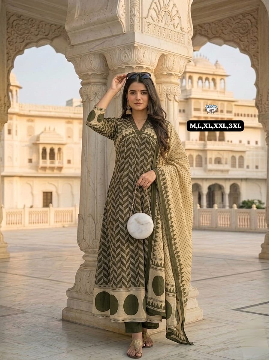 designer olive green cotton suit with dupatta and comfortable daily wear look - WishTown Fashion Club