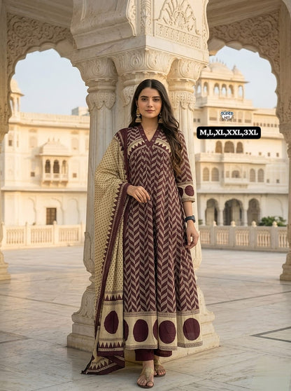 wine kurti set with plazzo and dupatta soft cotton fabric daily wear - WishTown Fashion Club