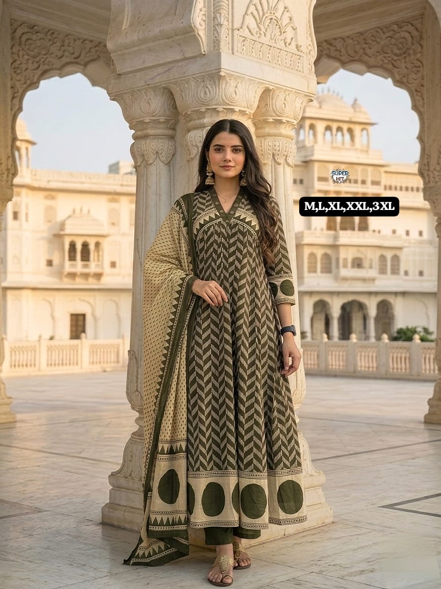 olive green aline kurti set with dori work and flowy plazzo stylish outfit - WishTown Fashion Club