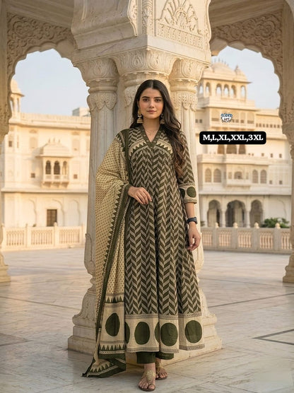 olive green aline kurti set with dori work and flowy plazzo stylish outfit - WishTown Fashion Club