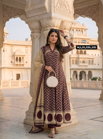 wine kurti plazzo set with dupatta cotton fabric elegant festive wear - WishTown Fashion Club