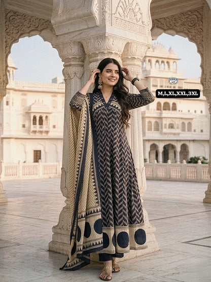 navy aline kurti set with dori work and stylish plazzo ethnic wear - WishTown Fashion Club